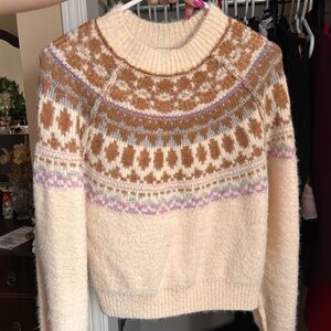 Elegant Fair Isle Knit Sweater White and Cream